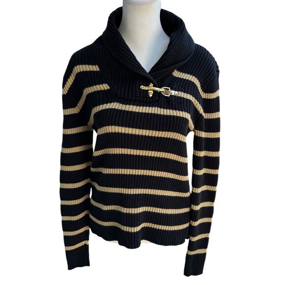 Ralph Lauren Black Label Knit Sweater Cowl Neck with Gold Metallic Clasp Stripes - Picture 4 of 10
